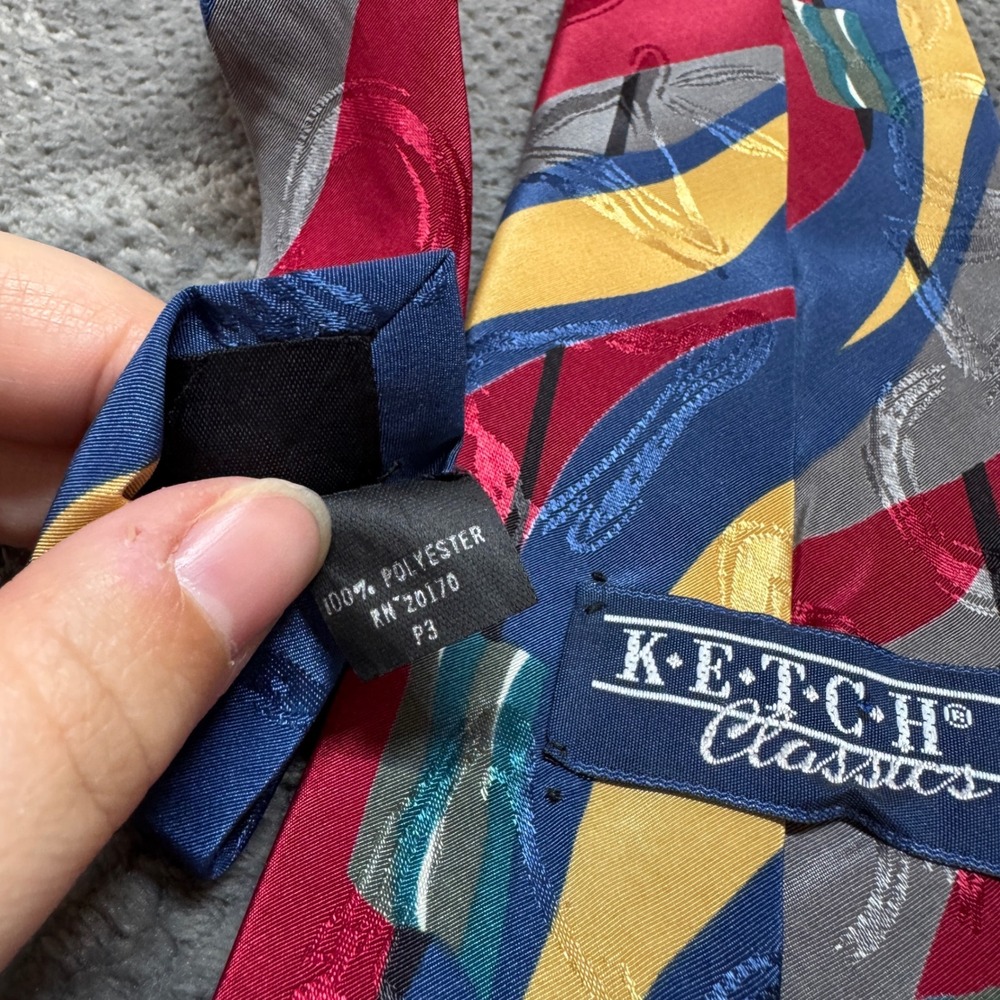 Ketch Classics‎ Mens Abstract Geometric Swirl Necktie Red Blue Yellow Polyester - Picture 5 of 6